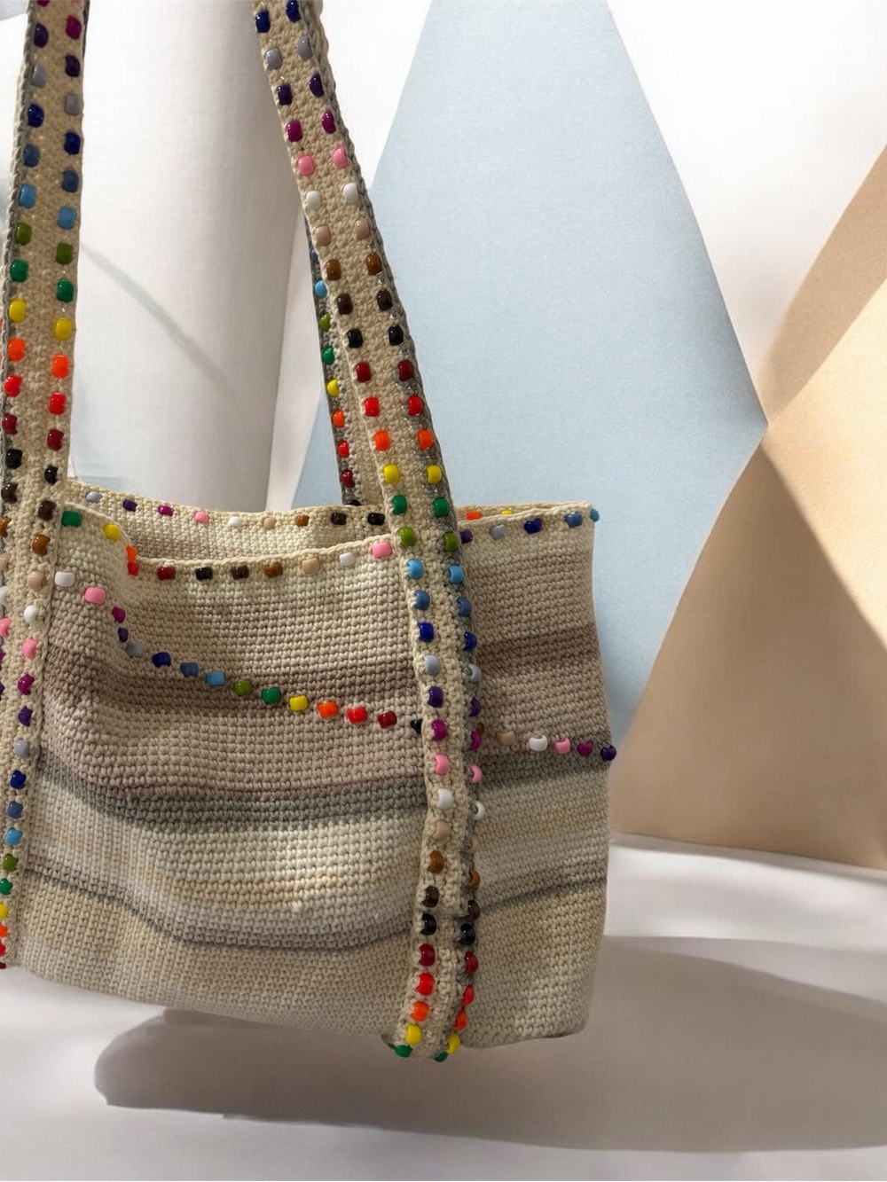 Beige Crochet Tote with Multicolor Bead Accents